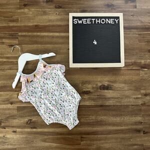 NNWT SweetHoney Mary One Piece Swimsuit Savannah Floral Ruffle White Pink 4T